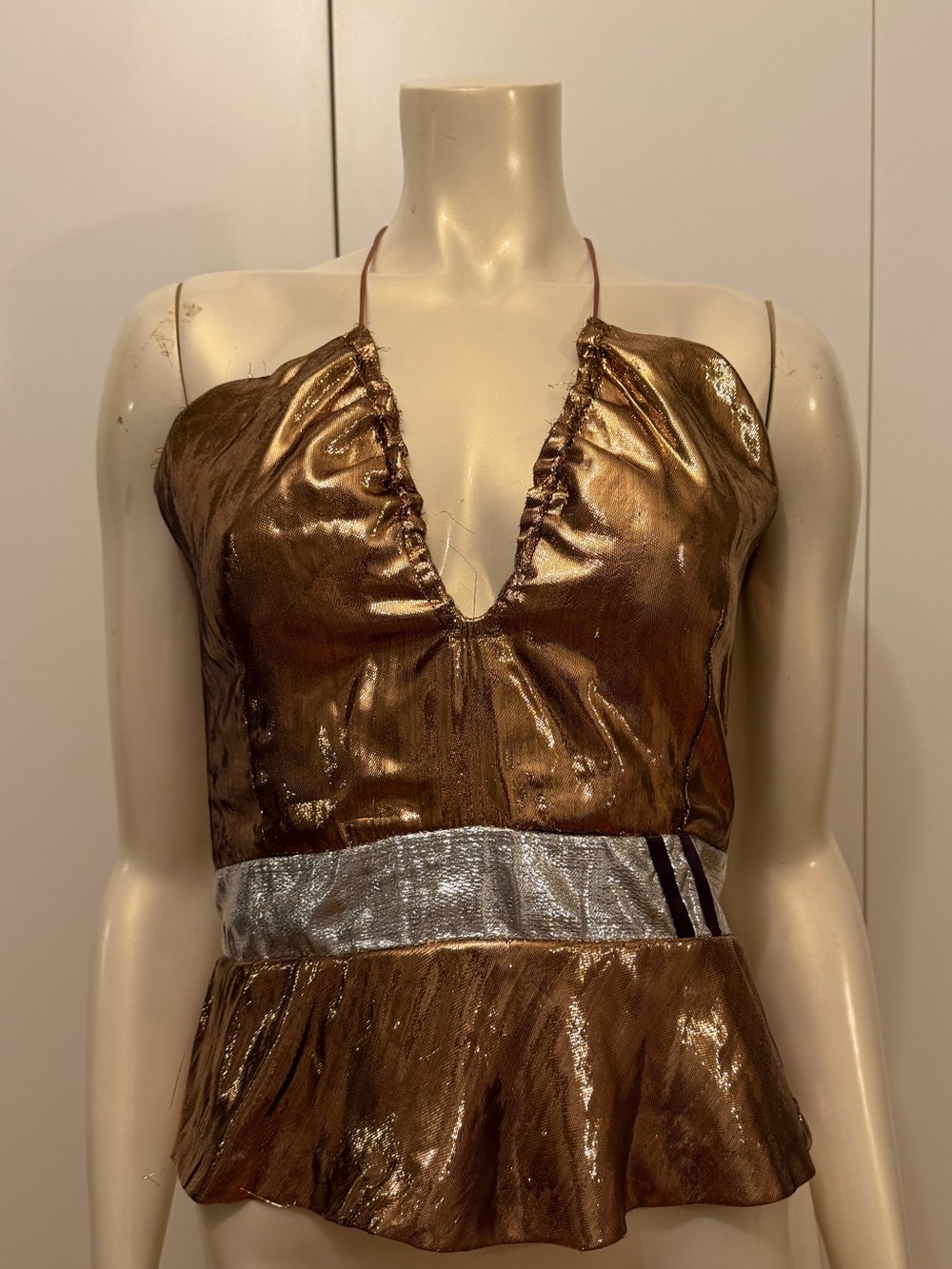 Grey Ant Metallic Bronze Plunge Halter Peplum Dress
